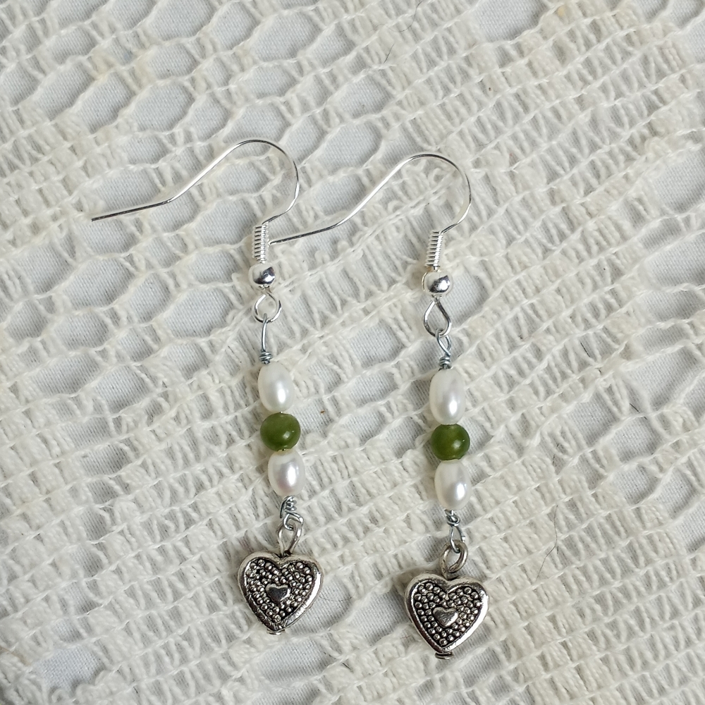 Natural Jade Freshwater Rice Pearl Heart Dangle Earrings Sterling 925 Silver